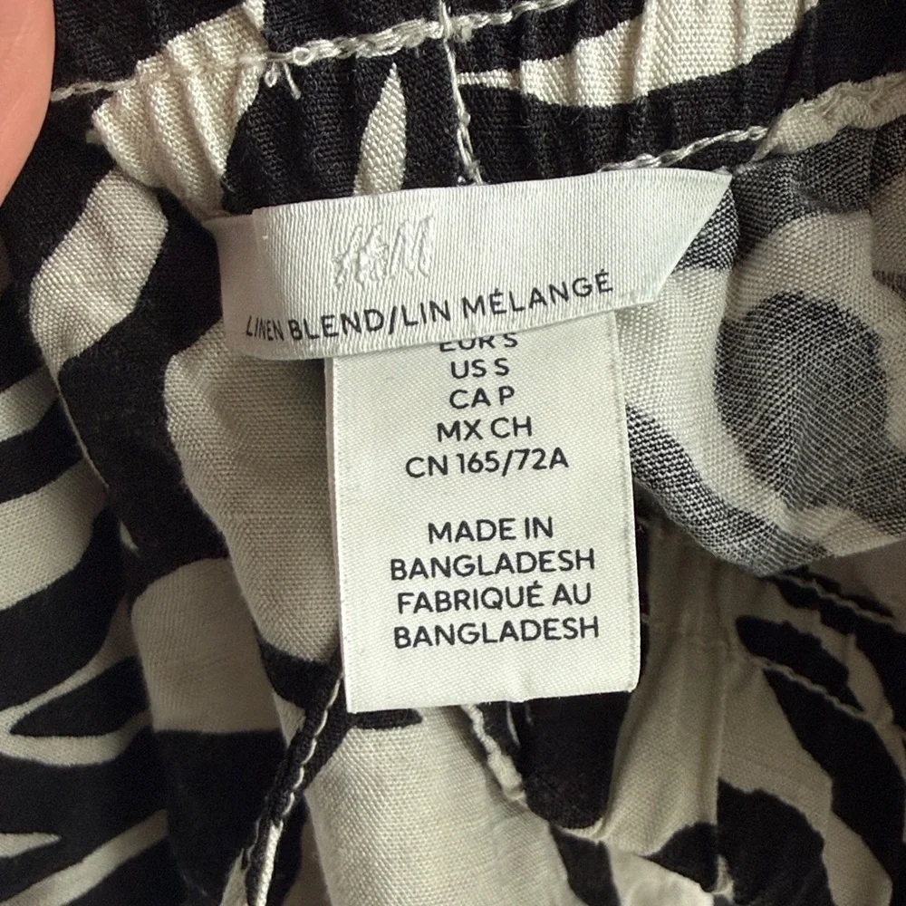 H&M Black White Tropical Leaf Print Linen Blend Wide Leg Pants S